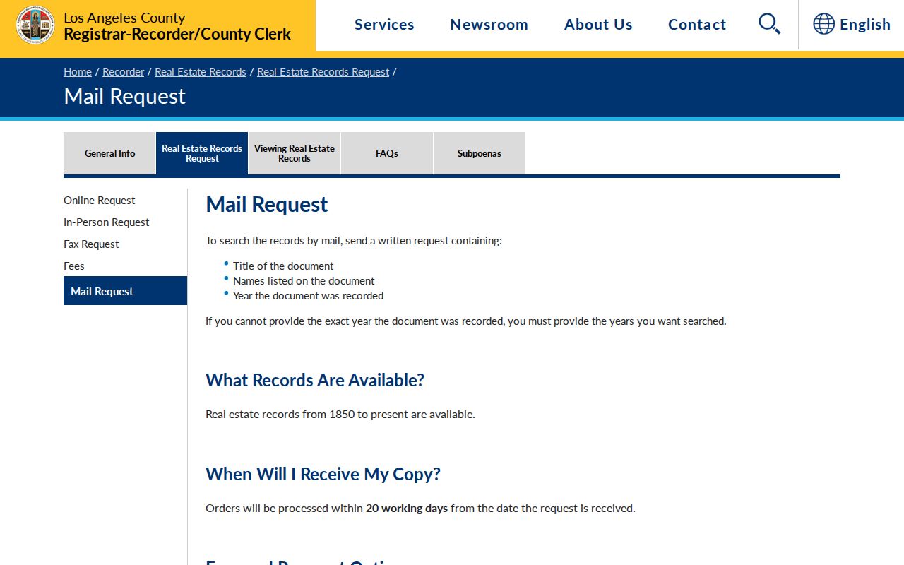 Santa Clarita previous residents recorder mail request for deed records
